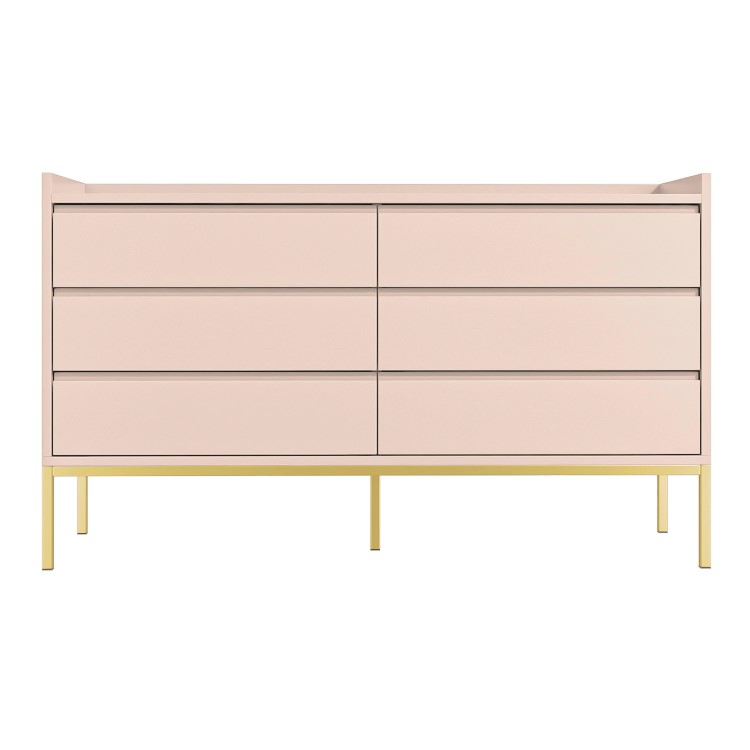 Wide Pink Modern Chest of 6 Drawers with Legs - Zion