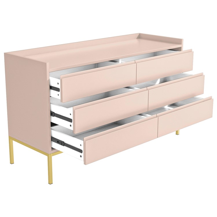 Wide Pink Modern Chest of 6 Drawers with Legs - Zion
