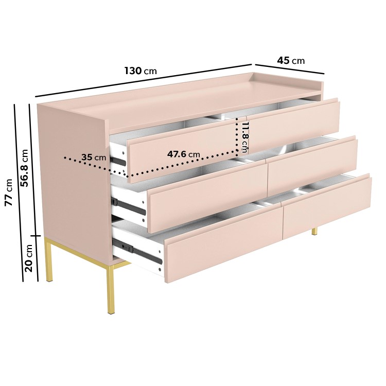 Wide Pink Modern Chest of 6 Drawers with Legs - Zion