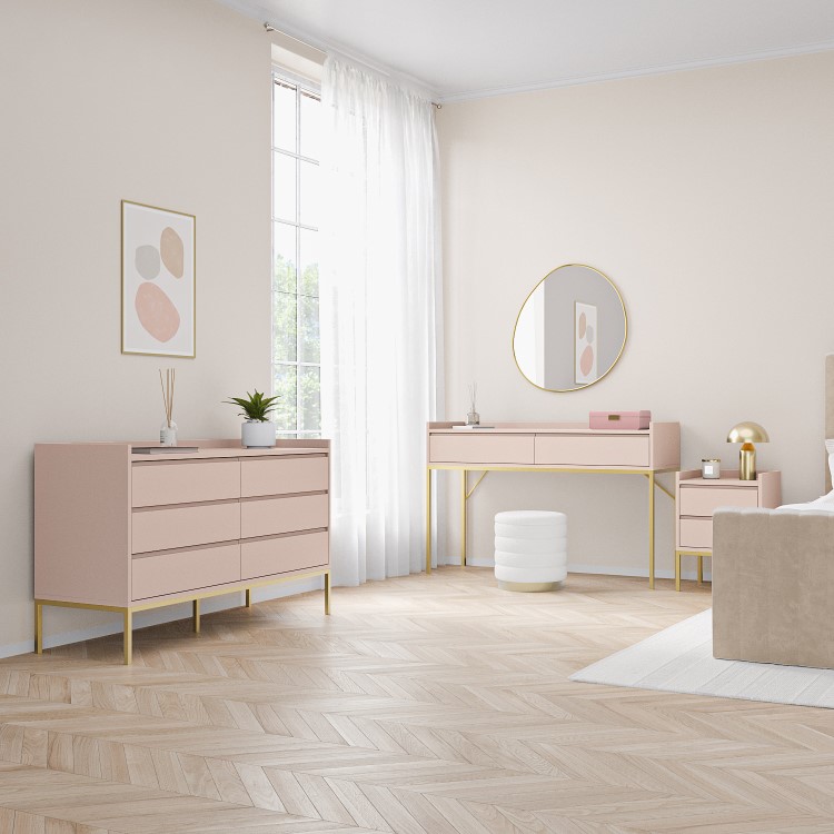 Wide Pink Modern Chest of 6 Drawers with Legs - Zion