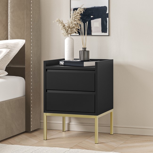Black Modern 2 Drawer Bedside Table with Legs - Zion