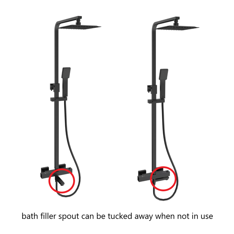 Black Square Thermostatic Bar Bath Mixer Shower Set with Bath Filler Spout  Slide Rail Kit & Hand Shower - Zana