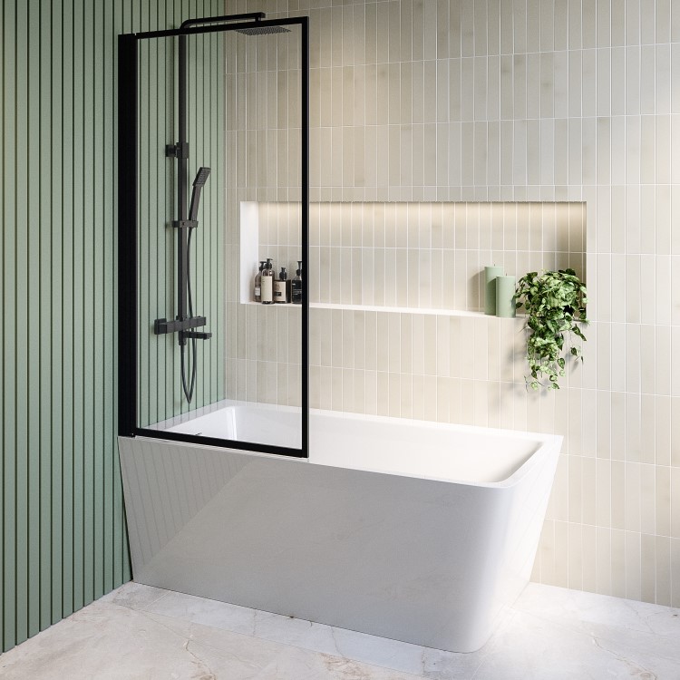 Black Square Thermostatic Bar Bath Mixer Shower Set with Bath Filler Spout  Slide Rail Kit & Hand Shower - Zana