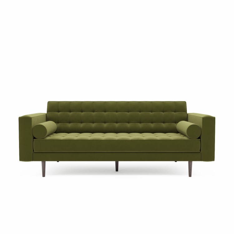Olive Green Velvet Mid Century Sofa - Seats 3 - Zane