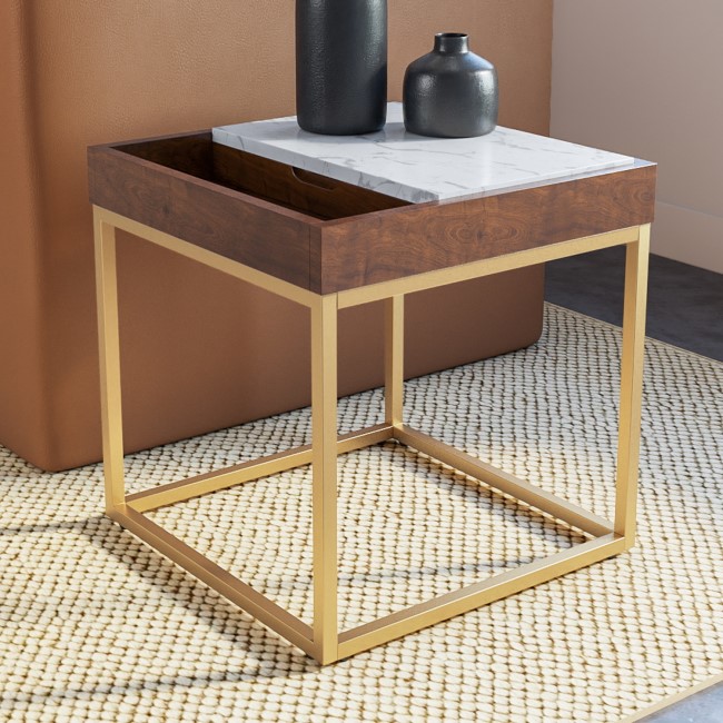 Square Solid Wood and Marble Side Table with Tray - Zola