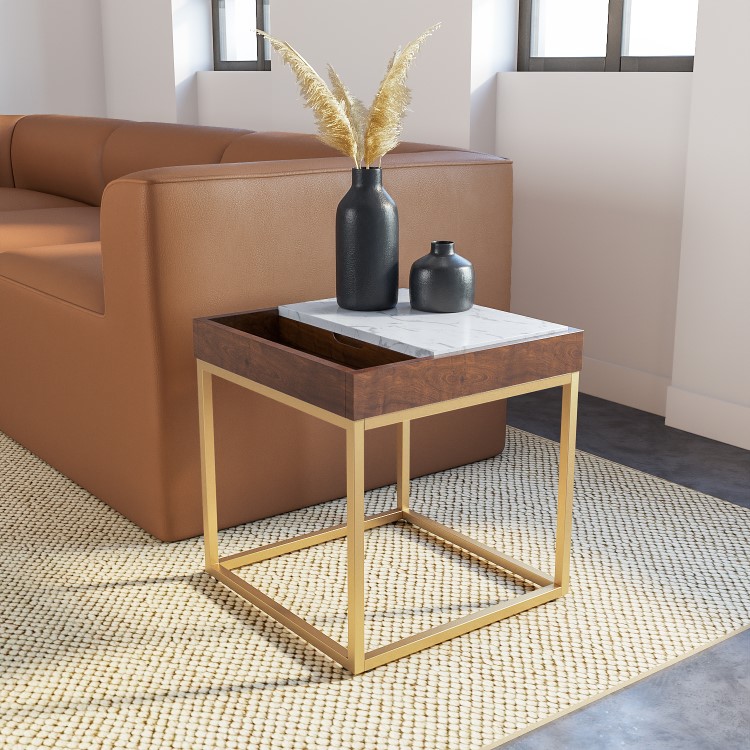 Square Gold and Marble Side Table with Storage - Zola