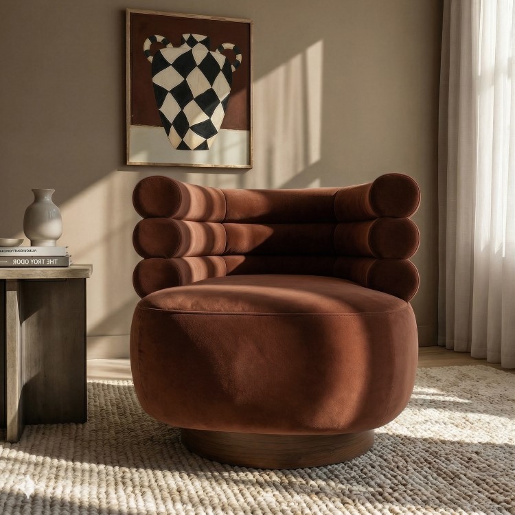 Rust Brown Velvet Modern Swivel Armchair - Zora