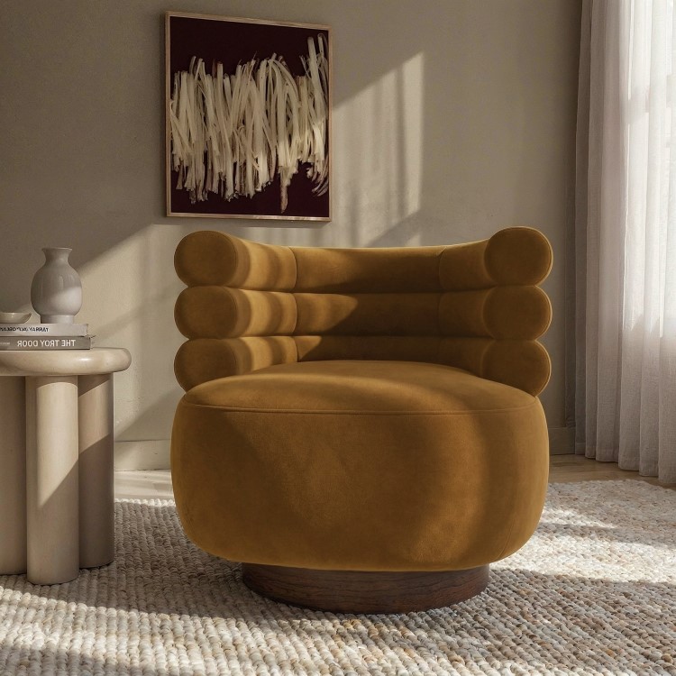 Caramel Brown Velvet Modern Swivel Armchair - Zora