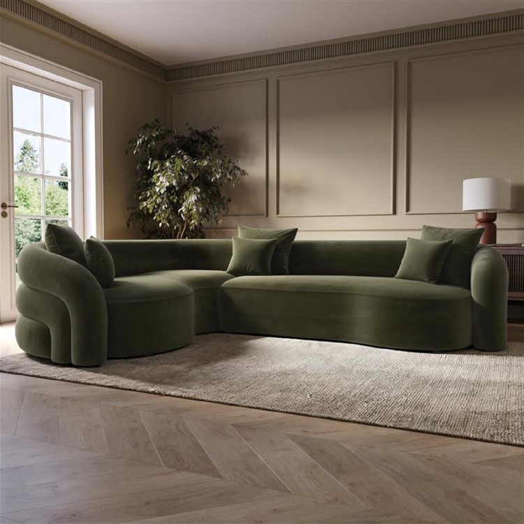 Green Velvet Left Hand Facing 4 Seater Curved Corner Sofa - Zuri