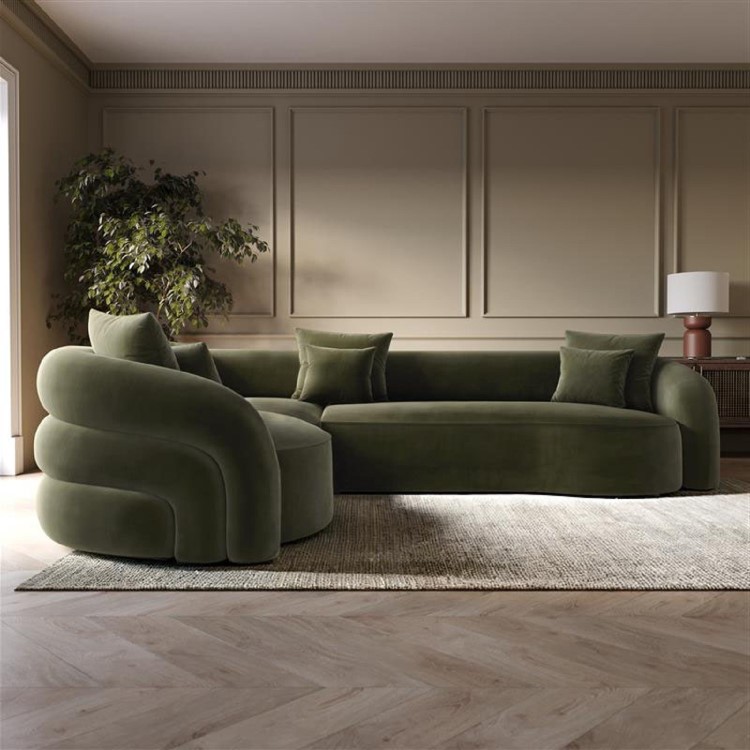 Green Velvet Left Hand Facing 4 Seater Curved Corner Sofa - Zuri