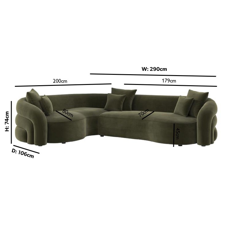 Green Velvet Left Hand Facing 4 Seater Curved Corner Sofa - Zuri
