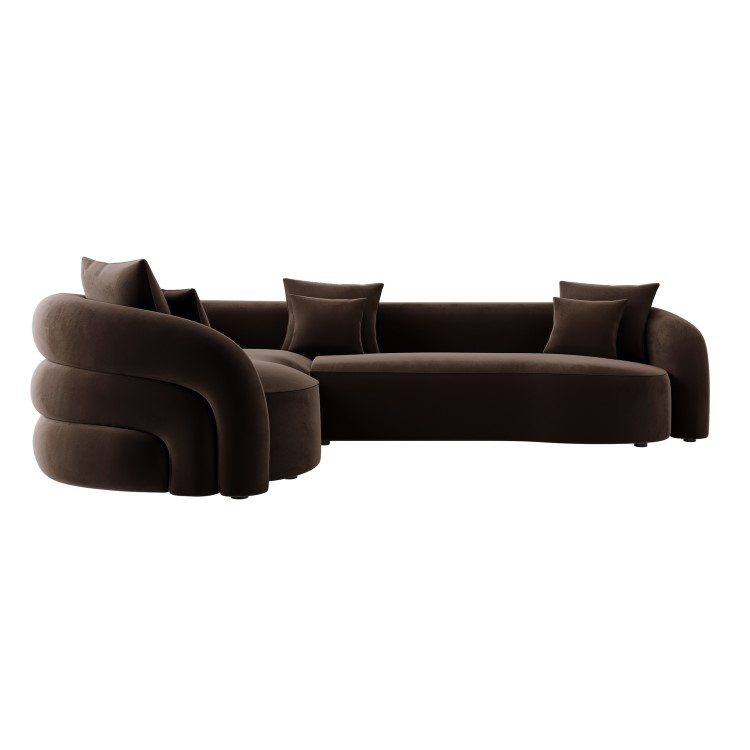 Brown Velvet Right Hand Facing 4 Seater Curved Corner Sofa - Zuri