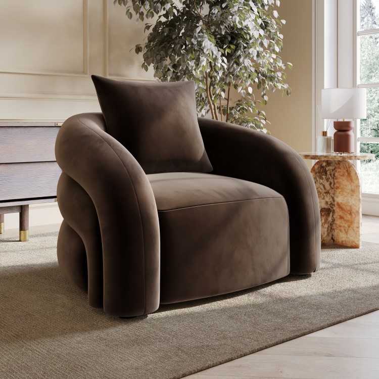 Brown Velvet Armchair with Cushion - Zuri