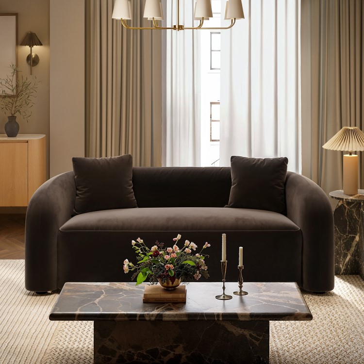 Brown Velvet Modern Curved 3 Seater Sofa - Zuri 