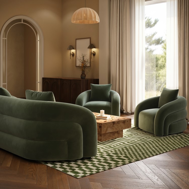 Green Velvet Modern Curved 3 Seater Sofa - Zuri 