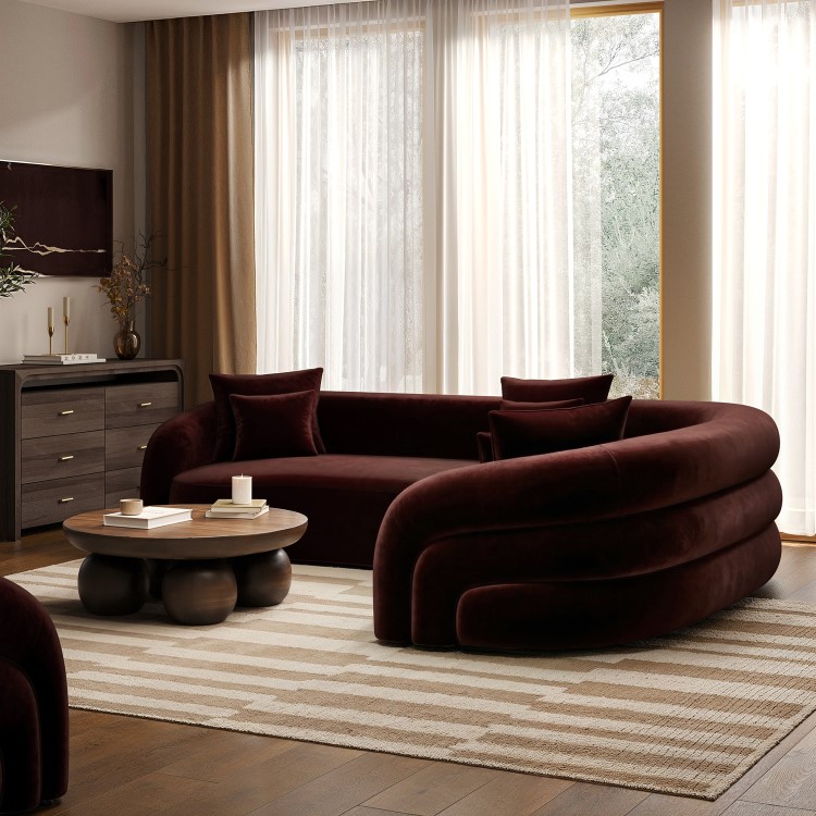 Deep Red Velvet Right Hand Facing 4 Seater Curved Corner Sofa - Zuri 