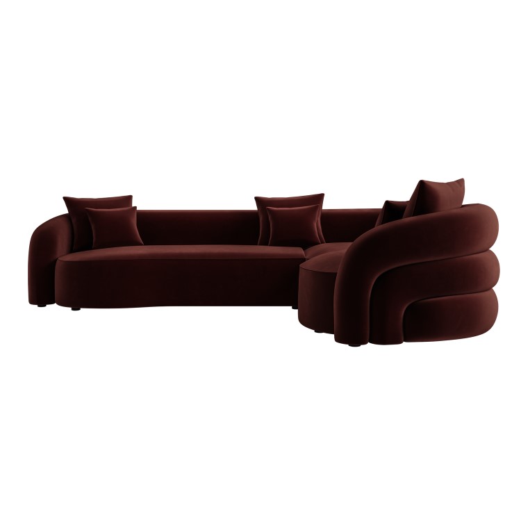 Deep Red Velvet Right Hand Facing 4 Seater Curved Corner Sofa - Zuri 