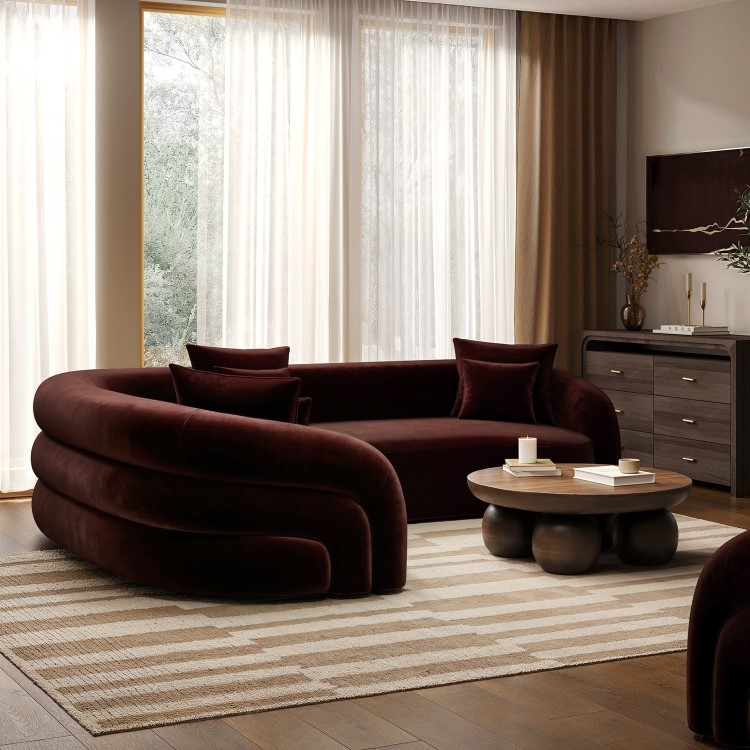 Deep Red Velvet Left Hand Facing 4 Seater Curved Corner Sofa - Zuri 