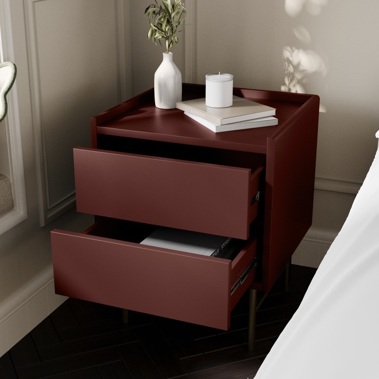Burgundy 2 Drawer Modern Bedside Table - Zane