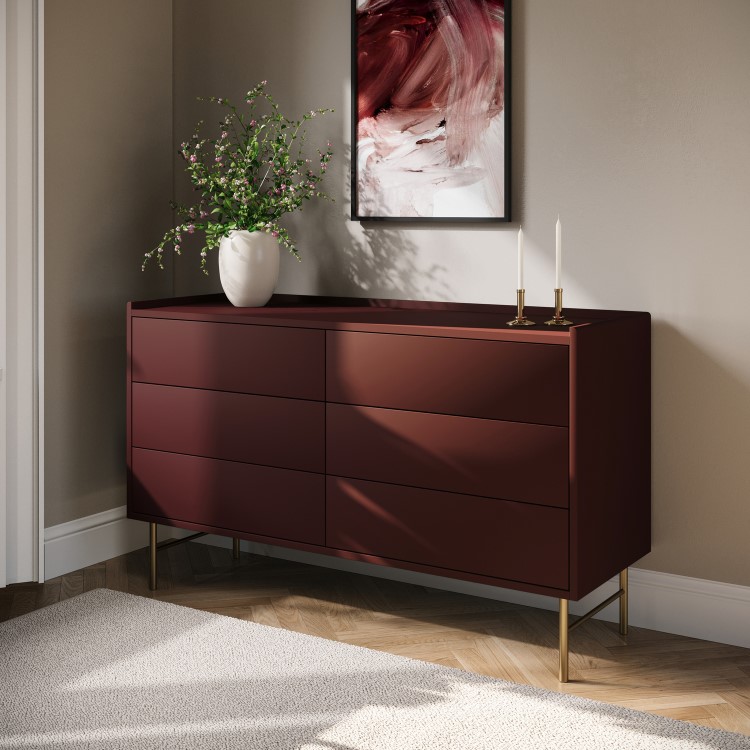 Burgundy Modern Chest of 6 Drawers - Zane 