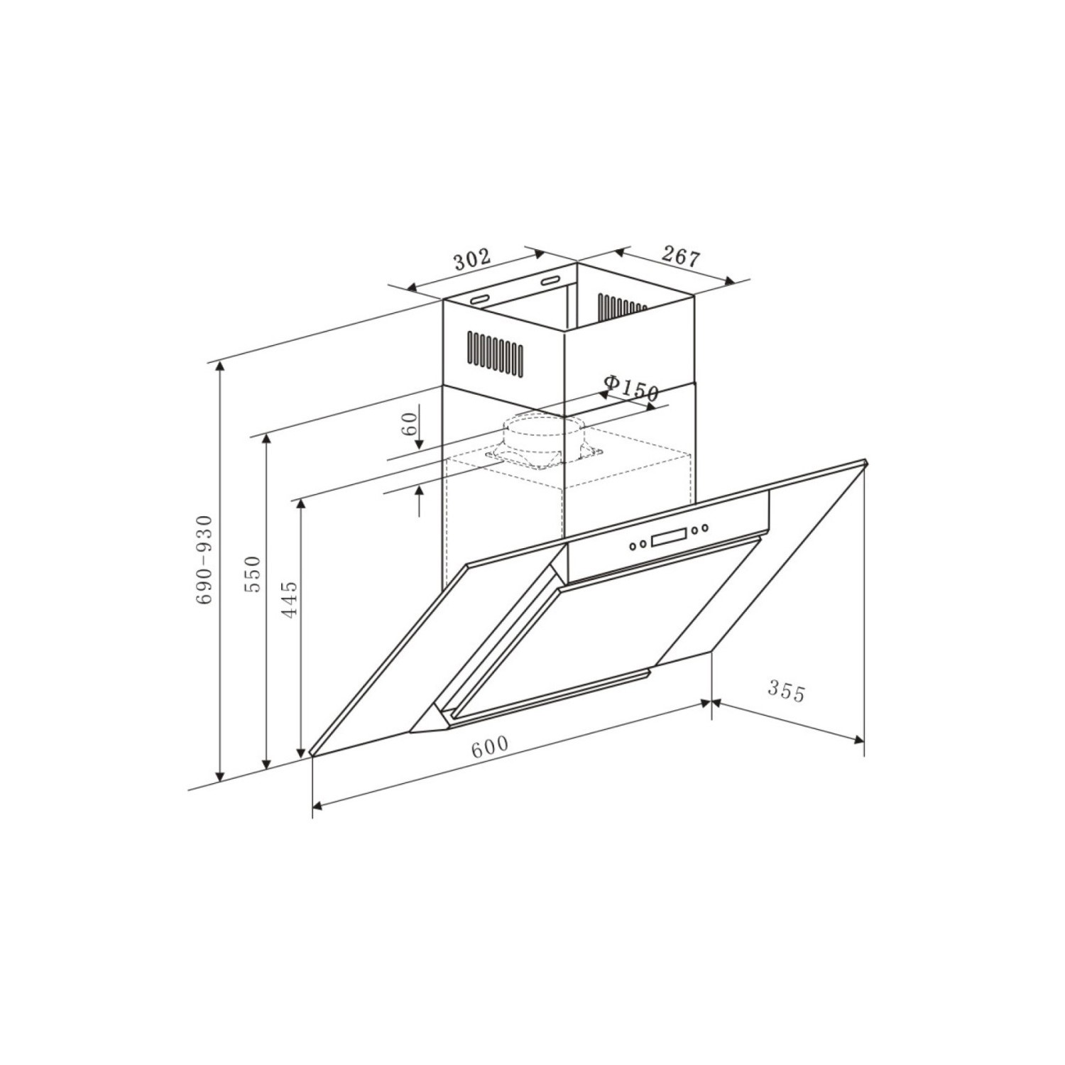electriq 60cm sloping black glass chimney cooker hood