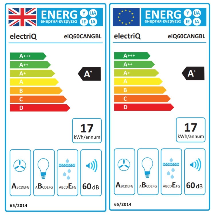 Refurbished electriqQ 60cm Glass Canopy Cooker Hood - Black