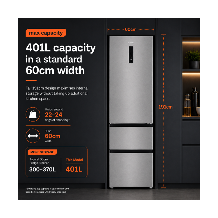 electriQ 401 Litre 60cm Wide 60/40 No Frost Fridge Freezer - Stainless Steel 