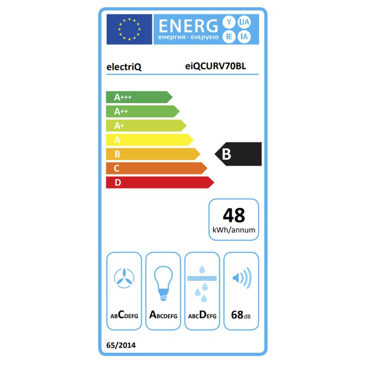 electriQ 70cm Curved Glass Chimney Cooker Hood - Black