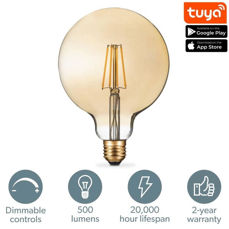 Box Opened electriQ Dimmable Smart Wifi Filament Globe Bulb Large with E27 screw base - Smoked Amber finish - Alexa & Google Home compatible