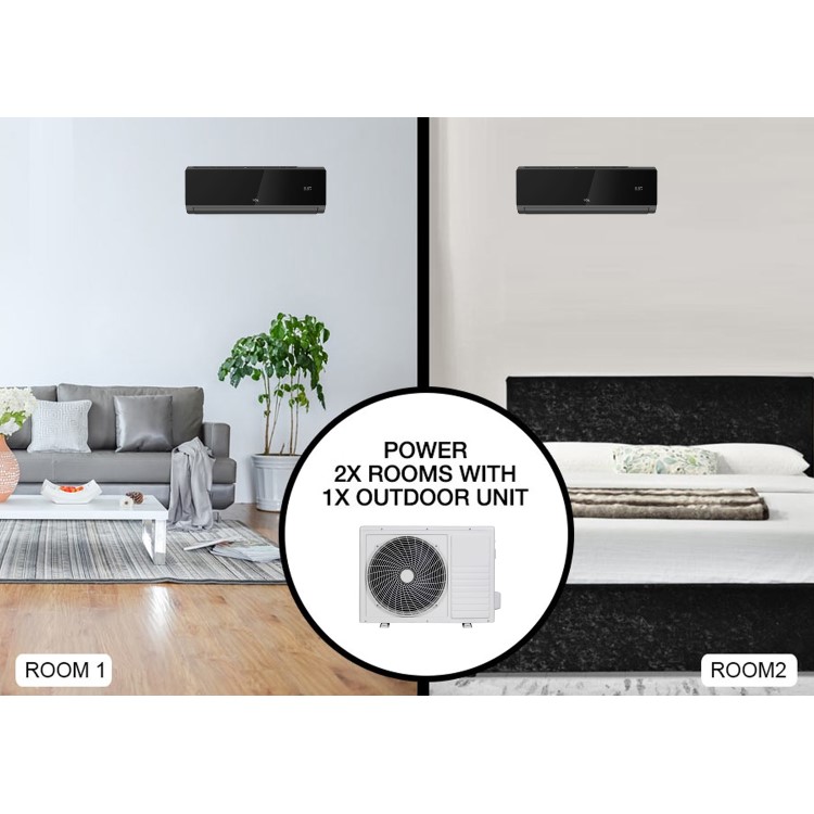 electriQ Black Multi-Split 2x 12000 BTU WiFi Smart A++ Wall Air Conditioner System with Single Outdoor Unit and 5m Pipe Kits