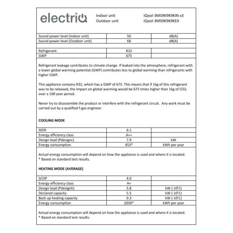 electriQ iQool Multi-Split 3 x 9000 BTU Smart Wall Mounted Air Conditioner with Heat Pump - Pipe Kits Included