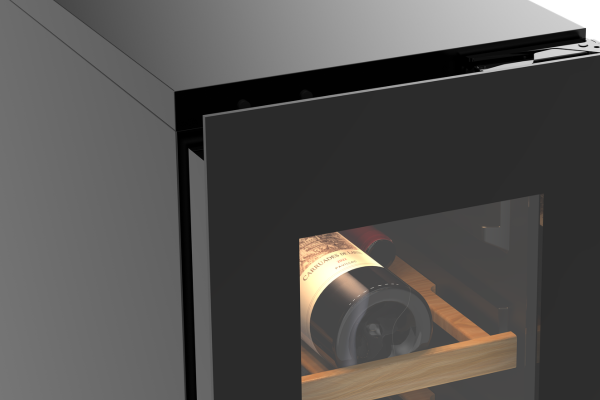 Black glass door and integrated top handle on the DeSantii wine cooler