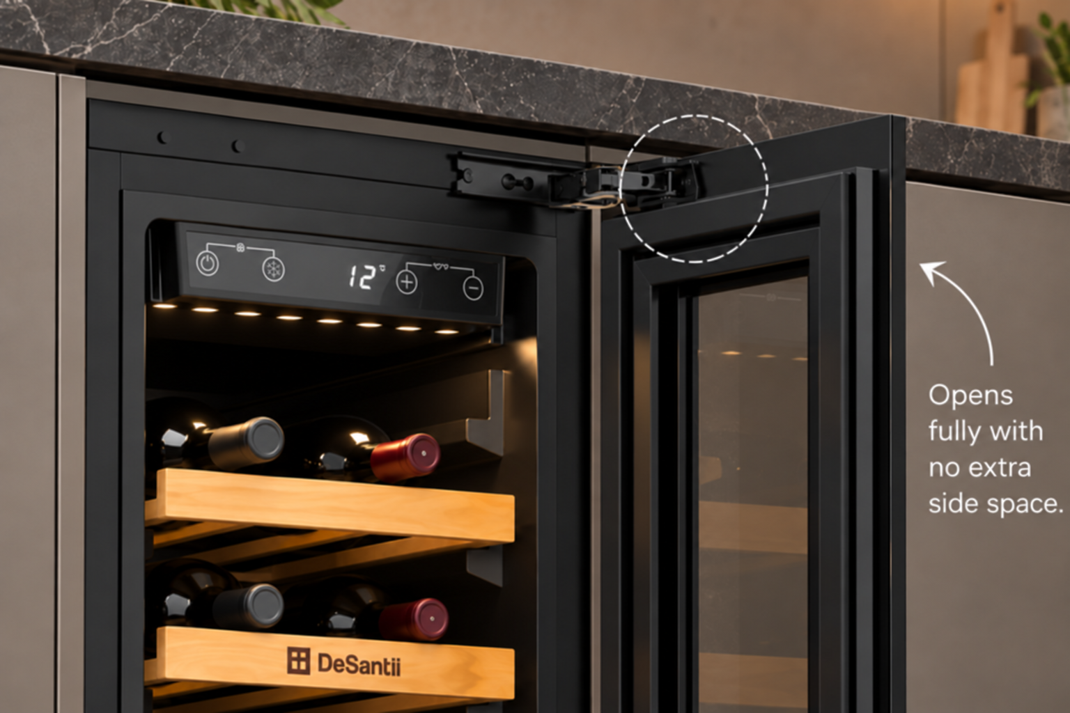 DeSantii wine cooler door opening fully with no extra side space between kitchen units