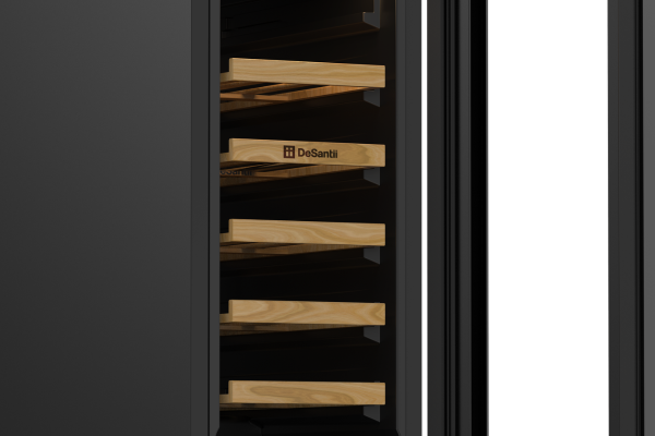 Timber shelves inside the DeSantii 18 bottle wine cooler