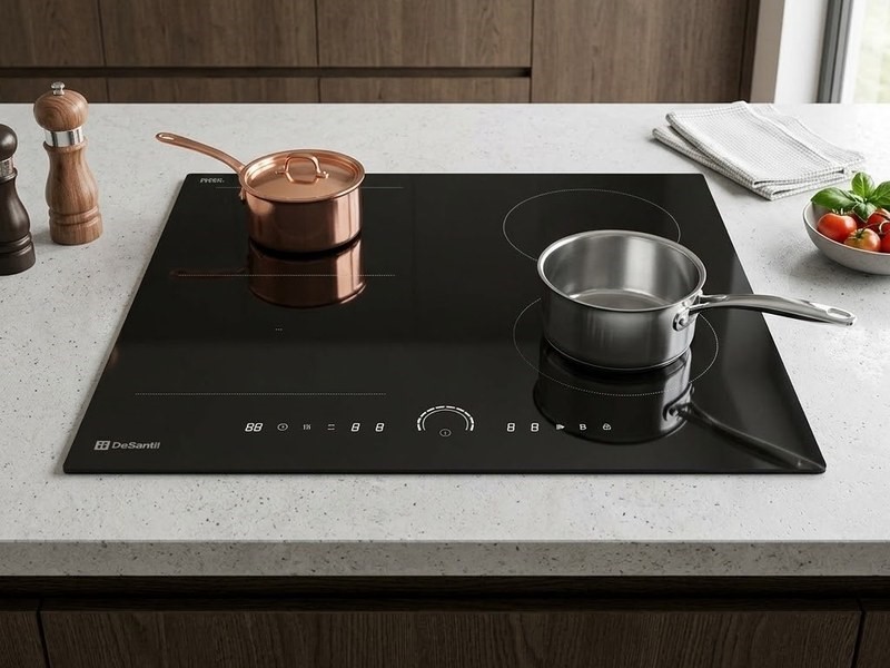 DeSantii flex zone induction hob with copper and steel pans on a light worktop