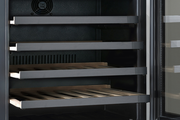Beech wood shelves and LED lighting in the DeSantii 36 bottle wine cooler