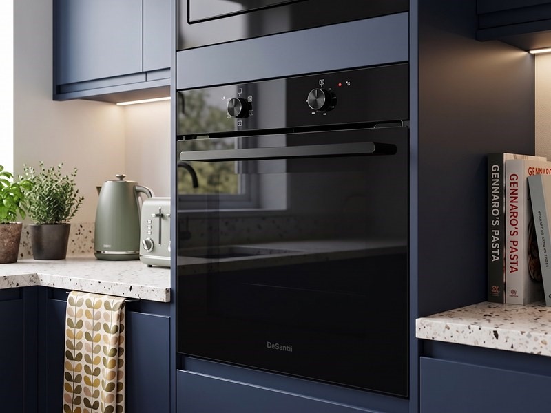 DeSantii black oven with removable door glass in a navy blue kitchen