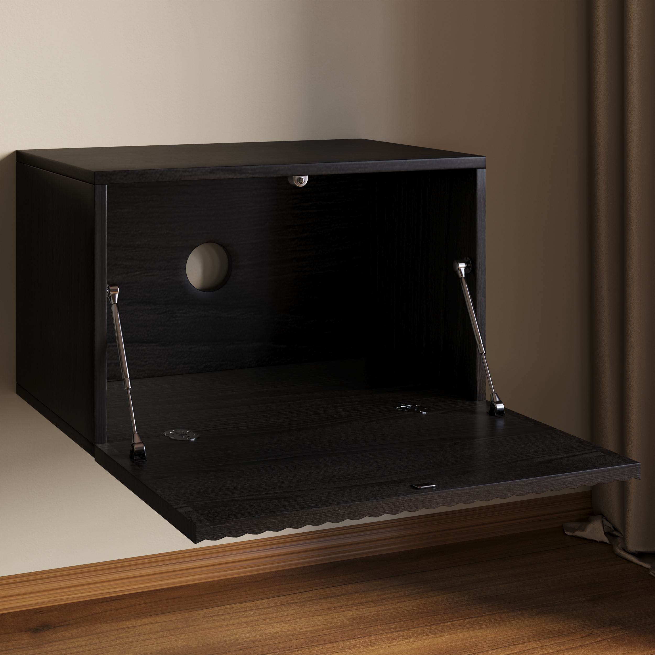 open tv cabinet with cable holes at the back