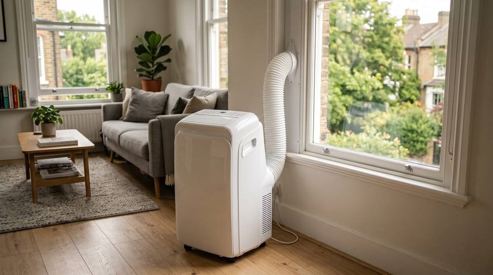 A portable air conditioner in an apartment living room, its exhaust hose vented through a sash window with a fitted sealing panel.
