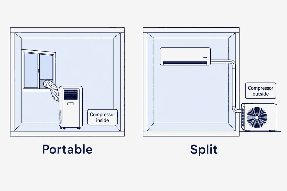 A portable air conditioner has its compressor inside the room with a hose out of the window, while a split system has a wall unit inside connected to a compressor outside.
