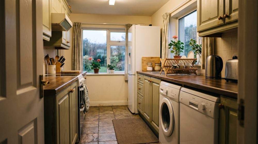 A kitchen in the evening with the lights on, a washing machine and dishwasher under the worktop and a fridge freezer at the end of the run.