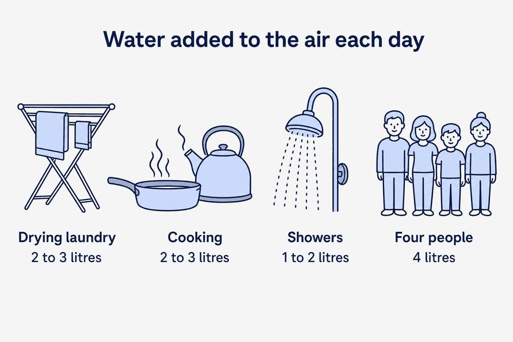 Everyday sources of moisture in a home: drying laundry adds two to three litres a day, cooking two to three litres, showers one to two litres and four people breathing about four litres.