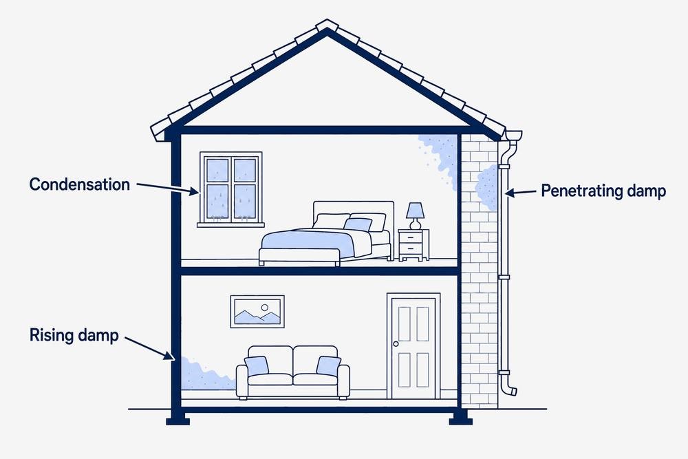 A house cross-section showing condensation at upstairs windows and corners, rising damp as a tide mark low on the ground floor wall, and penetrating damp as a patch high on an outside wall near a downpipe.