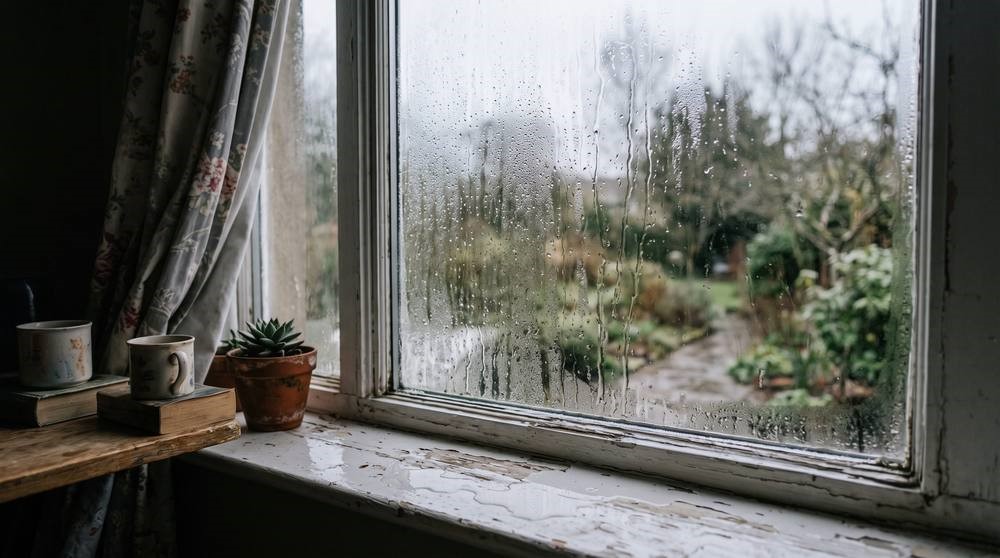 Condensation running down the inside of a window on a cold morning, water pooling on the sill.