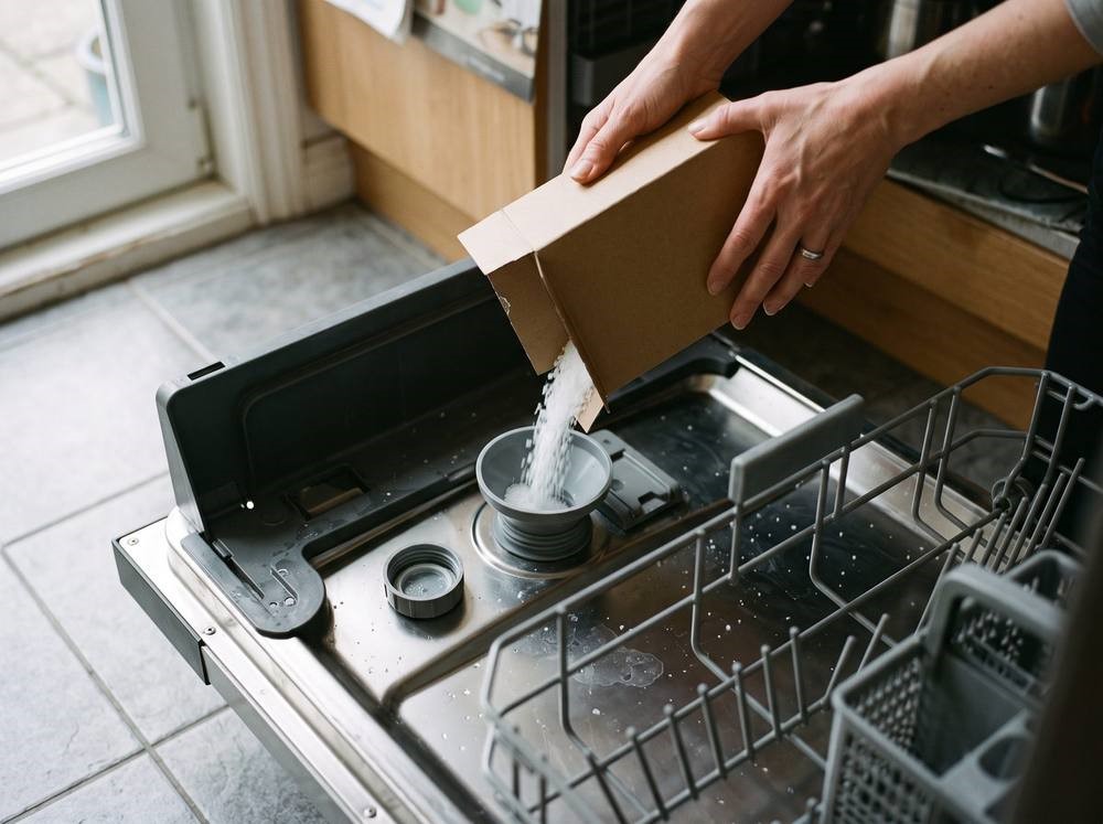 Coarse dishwasher salt being poured into the circular salt reservoir in the base of an open dishwasher.