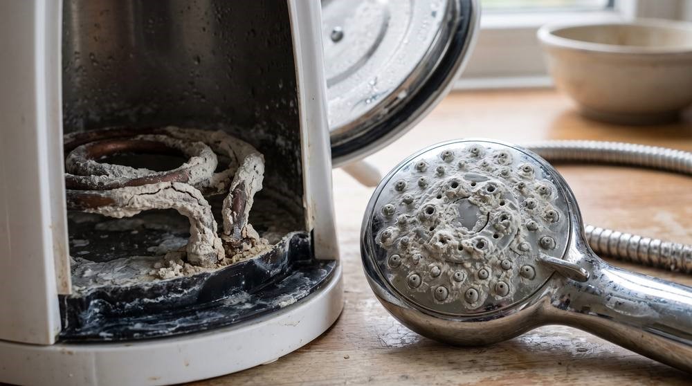 Thick white limescale crusted on the exposed heating element of an opened kettle, with a scaled chrome shower head beside it.