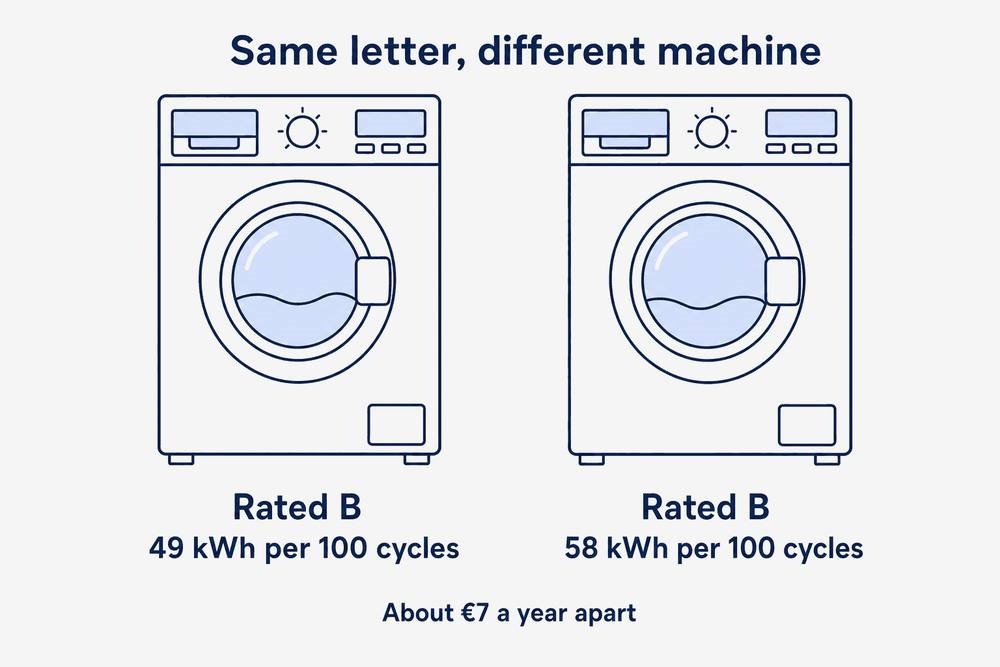 Two washing machines both rated B, one using 49 kWh per 100 cycles and the other 58, about seven euro a year apart.