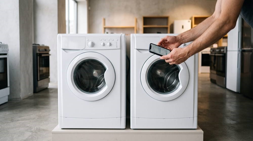 Two washing machines side by side in a showroom, with a person holding a phone up as if comparing them.