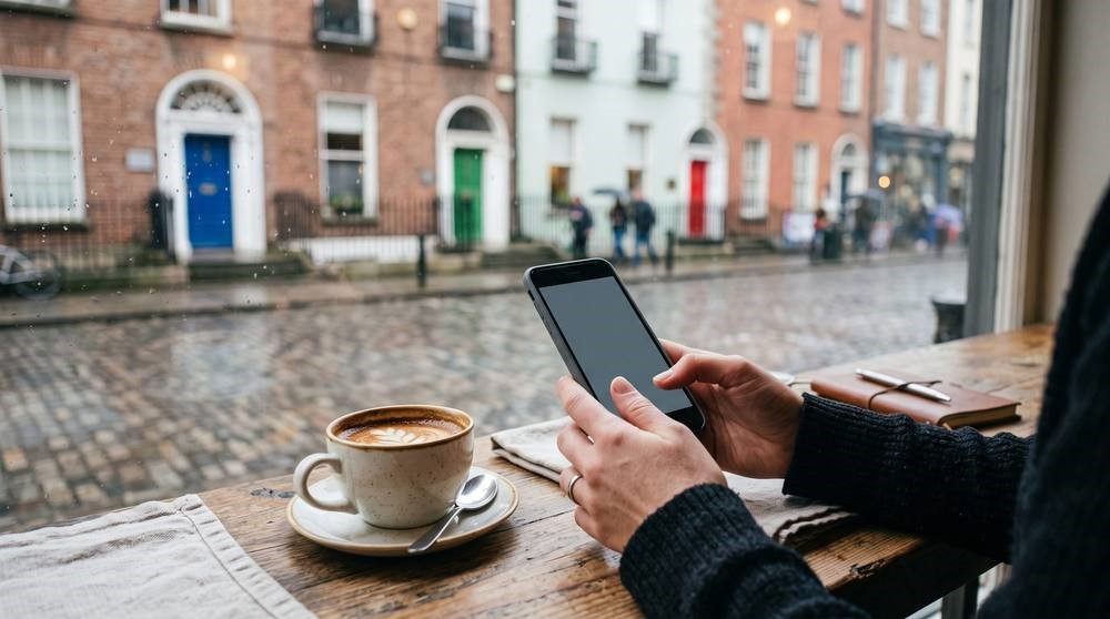 Hands holding a phone at a cafe table beside a coffee cup, a rain-wet street with painted doors out of focus through the window behind.