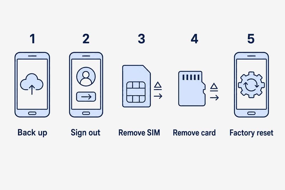 Five steps before passing on an old phone: back up, sign out, remove the SIM, remove the memory card and factory reset.